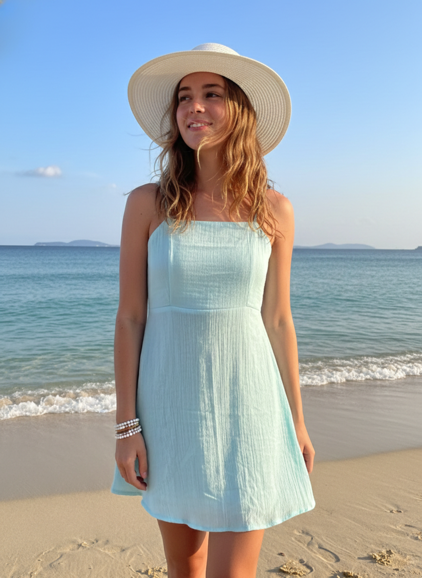Aqua Blue Cotton Mini Dress for Women