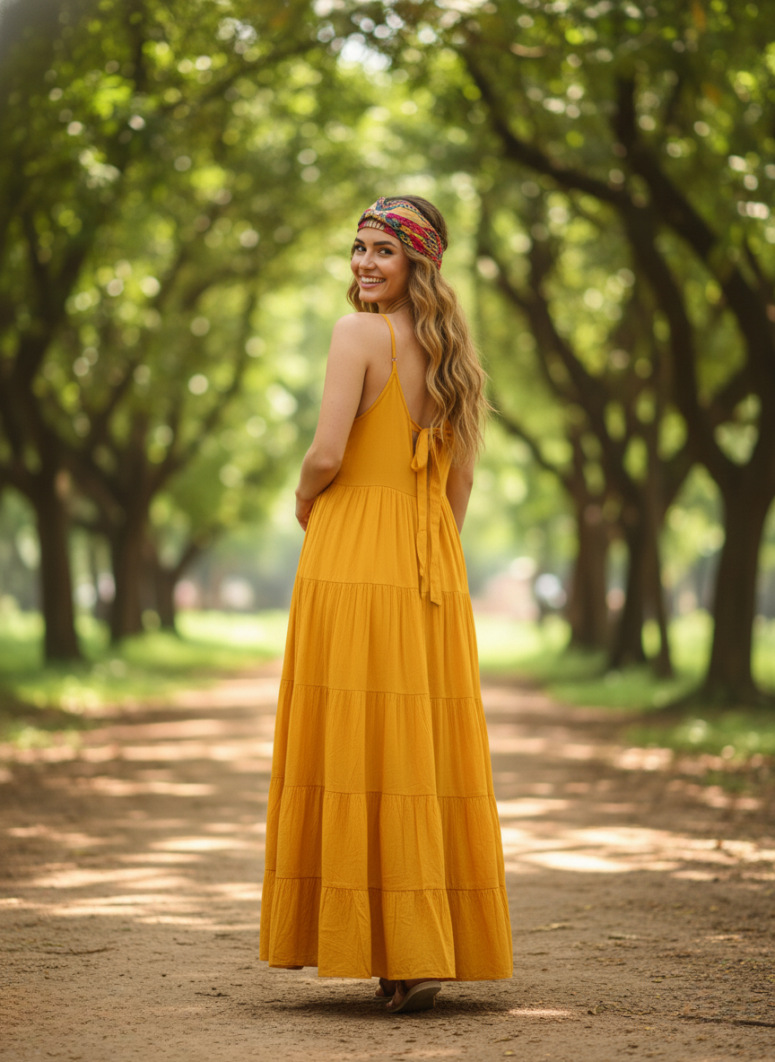 Woman in golden hour yellow tiered maxi dress, looking back and smiling, side view on pathway