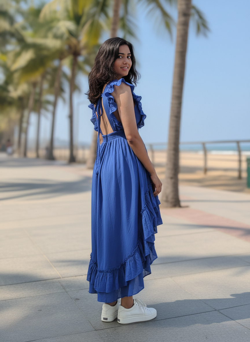 Back view of woman in ocean azure dark blue high-low dress, showing back ties and flowing skirt