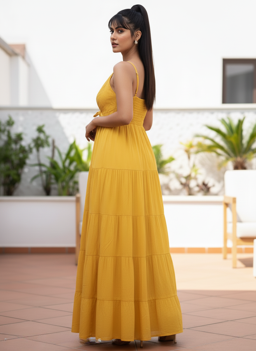 Woman in marigold yellow tiered maxi dress, turning to look back, showing smocked back detail