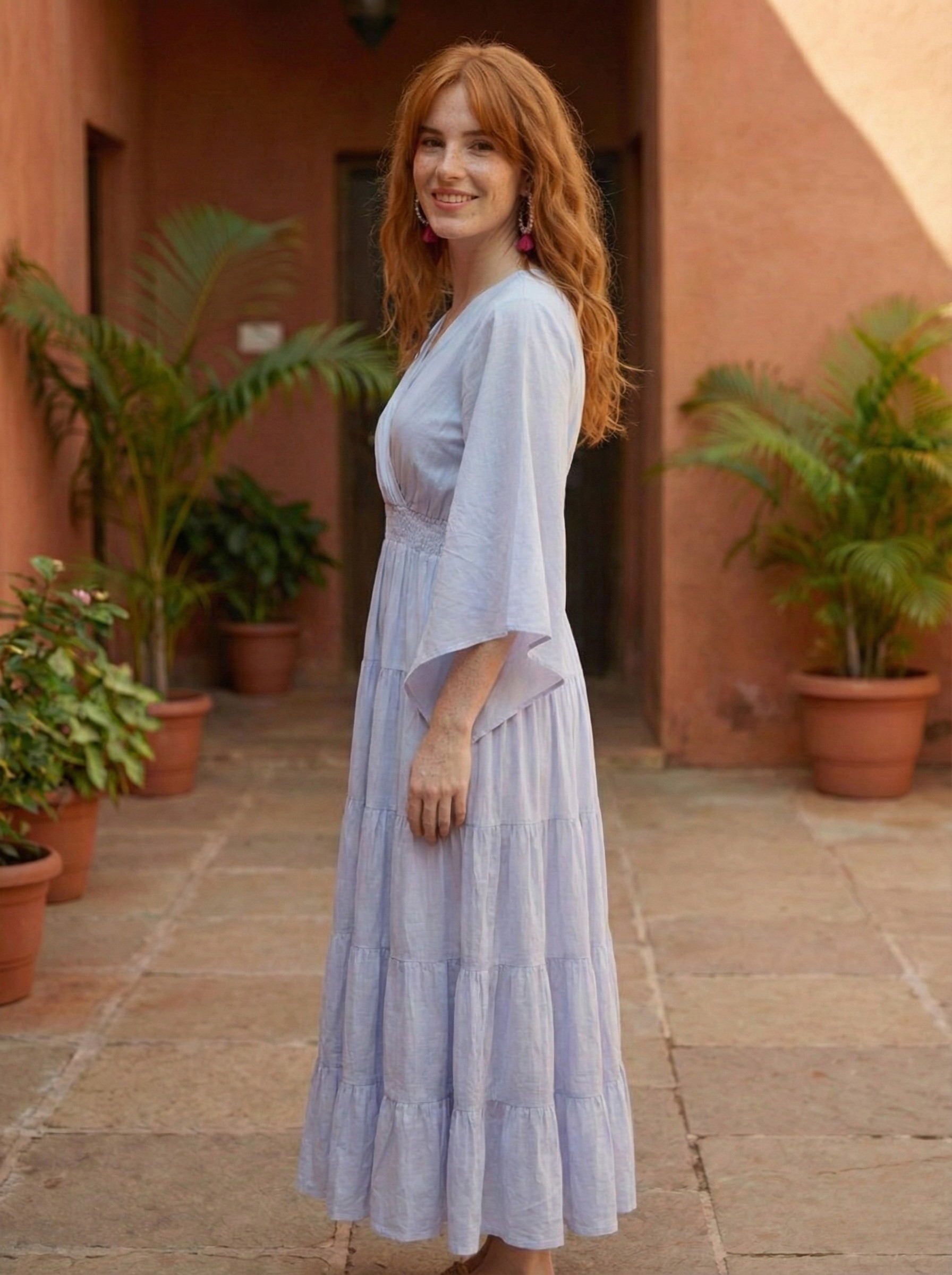 Periwinkle Blue Boho Maxi Dress | Kimono Sleeve V-Neck Tiered Resort Wear