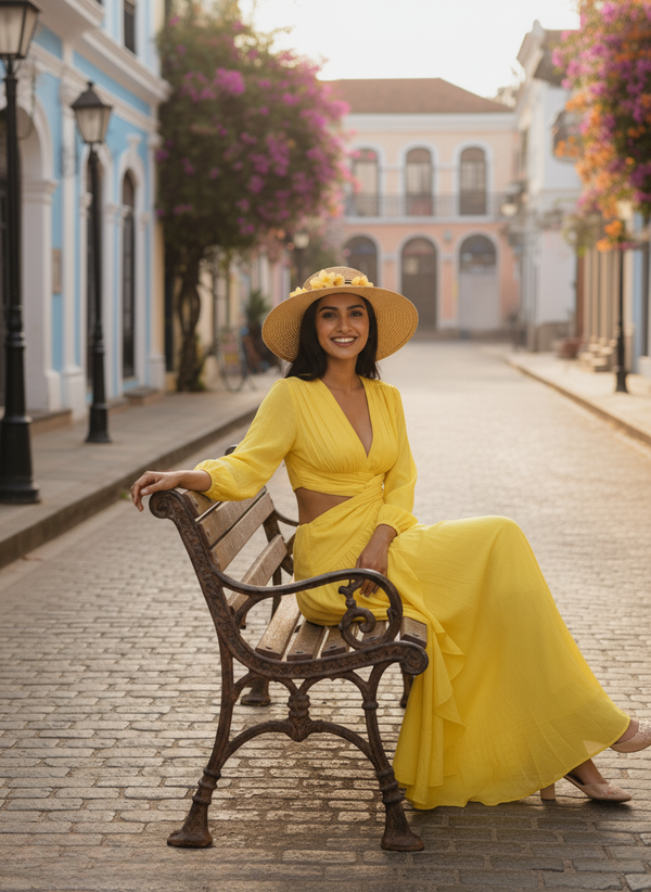 Model sitting on a bench in a yellow V neck maxi dress with long sleeves and side cutouts, showcasing the full tiered skirt for a summer look.