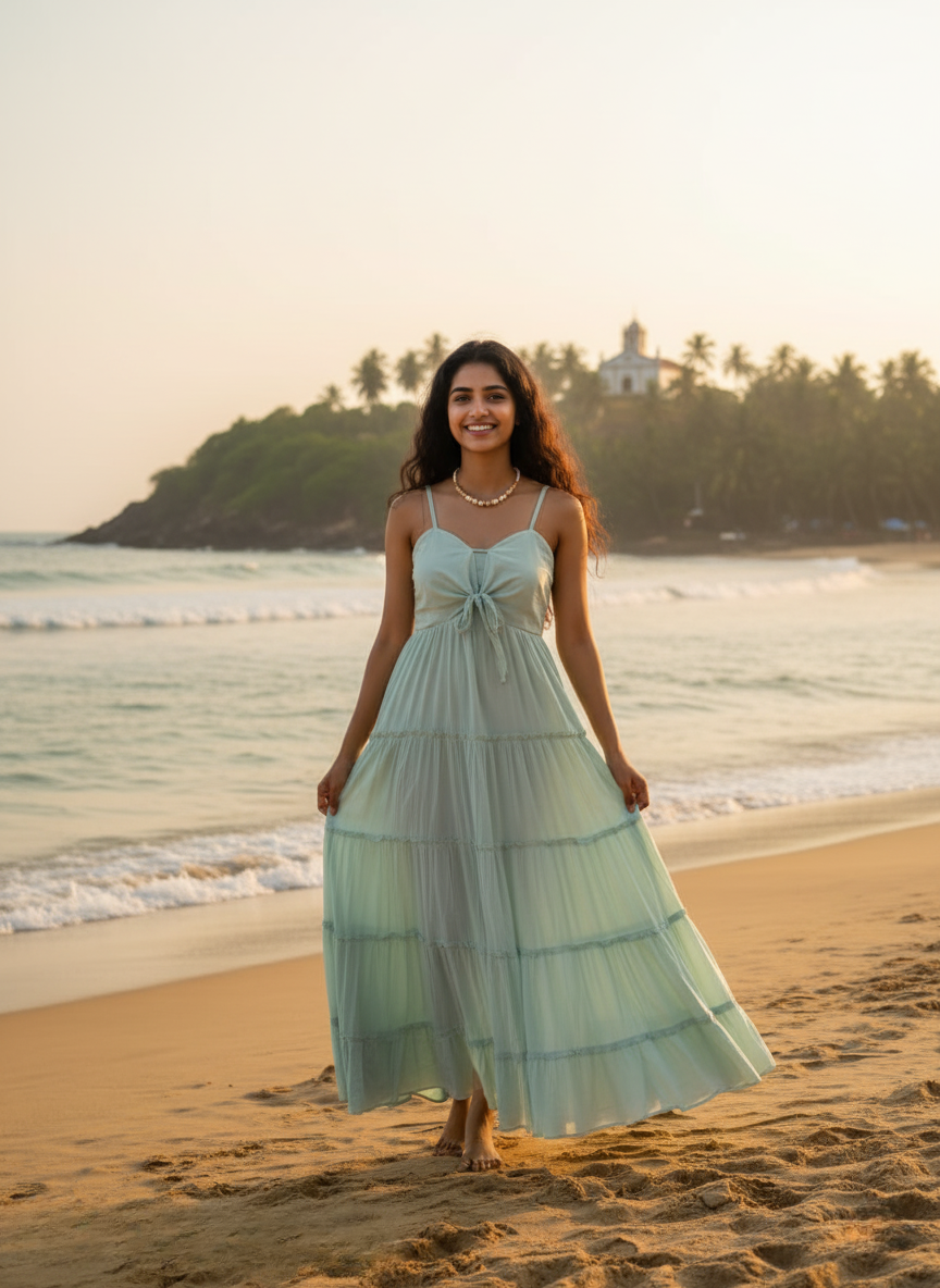 Mint Green cotton tiered maxi dress for summer vacation. Styled with a simple beaded necklace. Model stands barefoot on a Goa beach, showcasing the full, flowy fit.