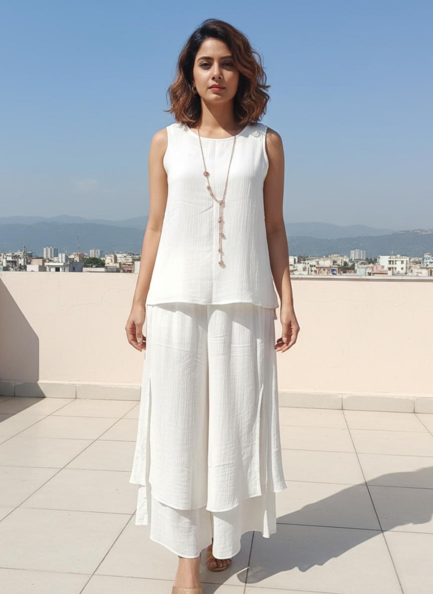 Ivory Ease Cotton Co-Ord Set with Plazzo Pants