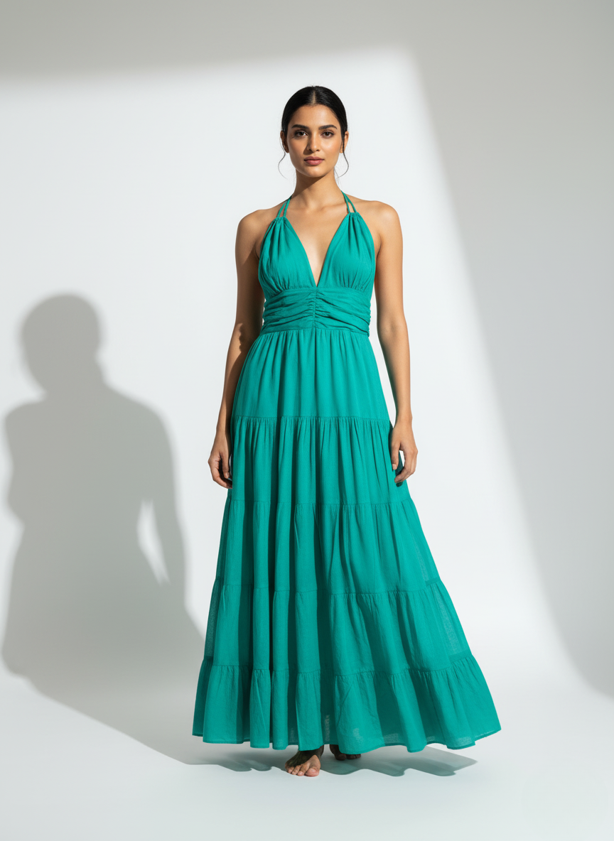 Woman in emerald tide teal halter tiered maxi dress, full front view