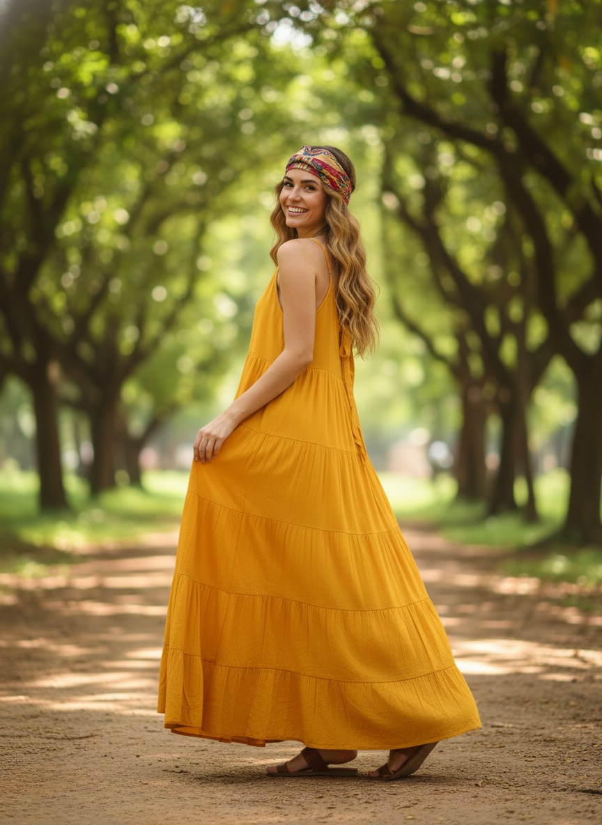 Woman in golden hour yellow tiered maxi dress, looking back and smiling, back view on pathway