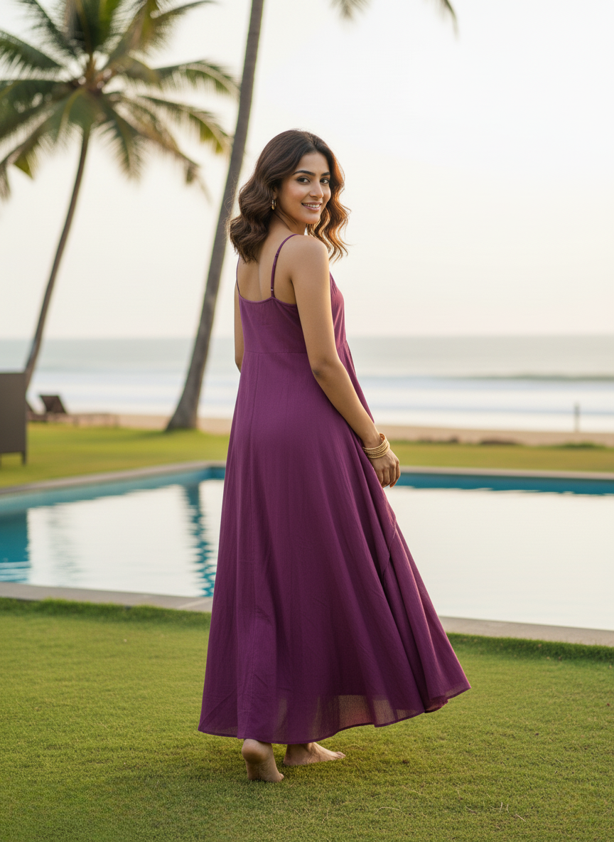 Model in Plum Cami Dress turning to look back. Shows the straight-cut back and the movement of the lightweight, layered skirt fabric.