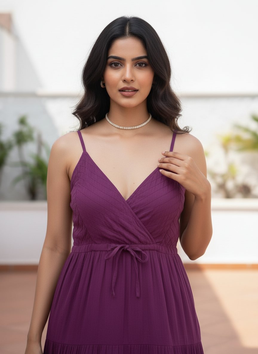 Close-up of woman in amethyst tiered maxi dress, showing criss-cross bodice and necklace