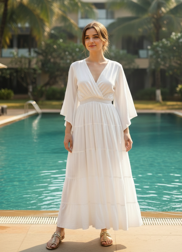 Ethereal White Pure Cotton Maxi Dress | Kimono Sleeve V-Neck Tiered Boho Gown