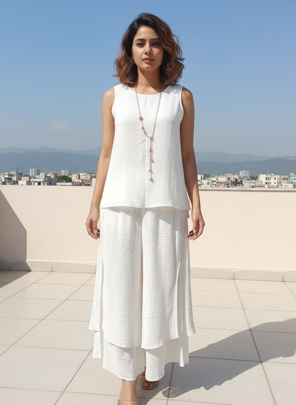 Ivory Ease Cotton Co-Ord Set with Plazzo Pants