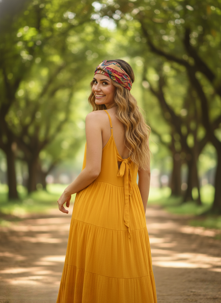 Woman in golden hour yellow tiered maxi dress, looking back and smiling, close-up back view on pathway