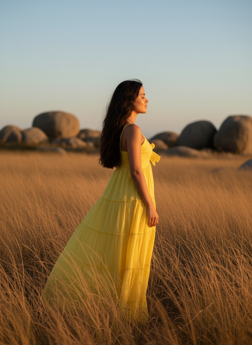 Casual Yellow sundress side view, highlighting the tiered skirt and lightweight cotton fabric. Model stands in a rustic, sun-drenched landscape, perfect for Mediterranean holidays.