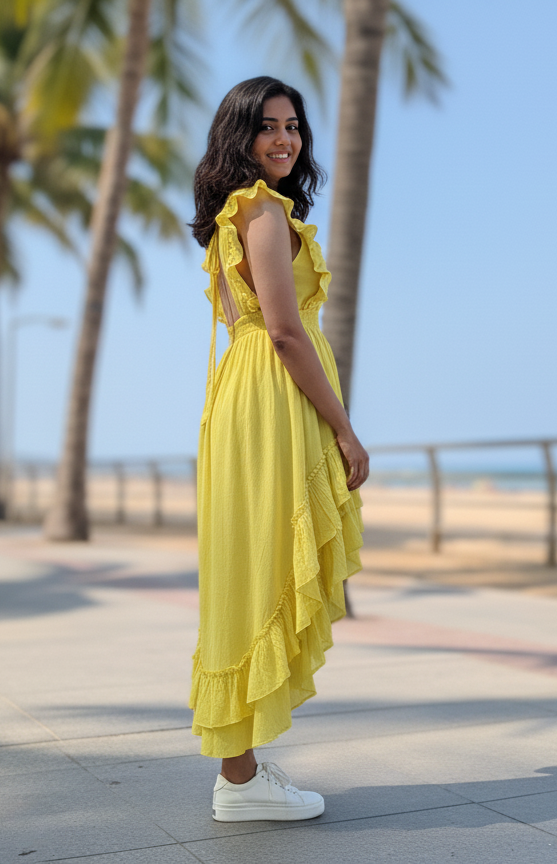 Back view of woman in marigold glow yellow high-low dress, showing back ties and flowing skirt