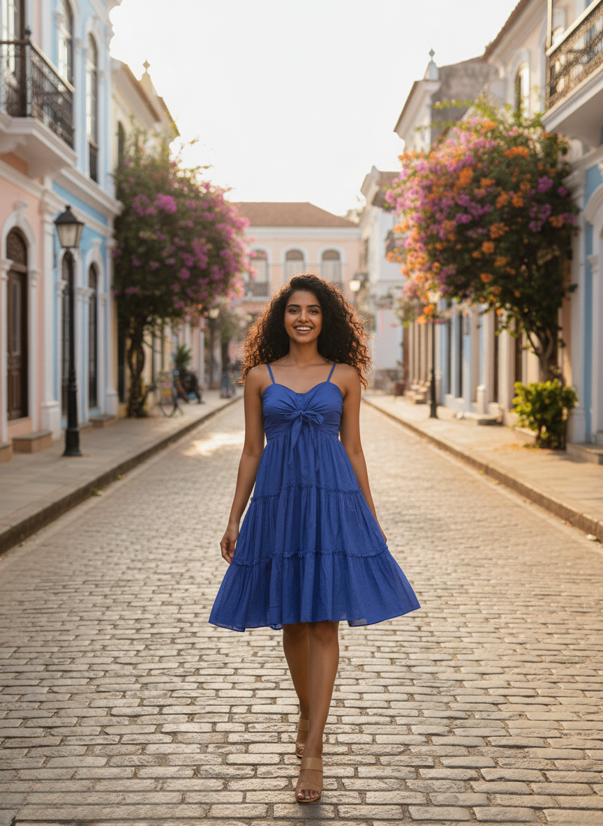 Woman smiling in cobalt blue tiered mini dress, walking forward on cobblestone street, front view