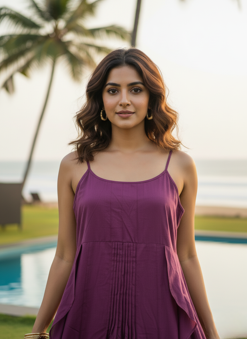 Close-up of the Purple Maxi Dress bodice. Clearly shows the pin-tuck pleated pattern and the delicate spaghetti straps.
