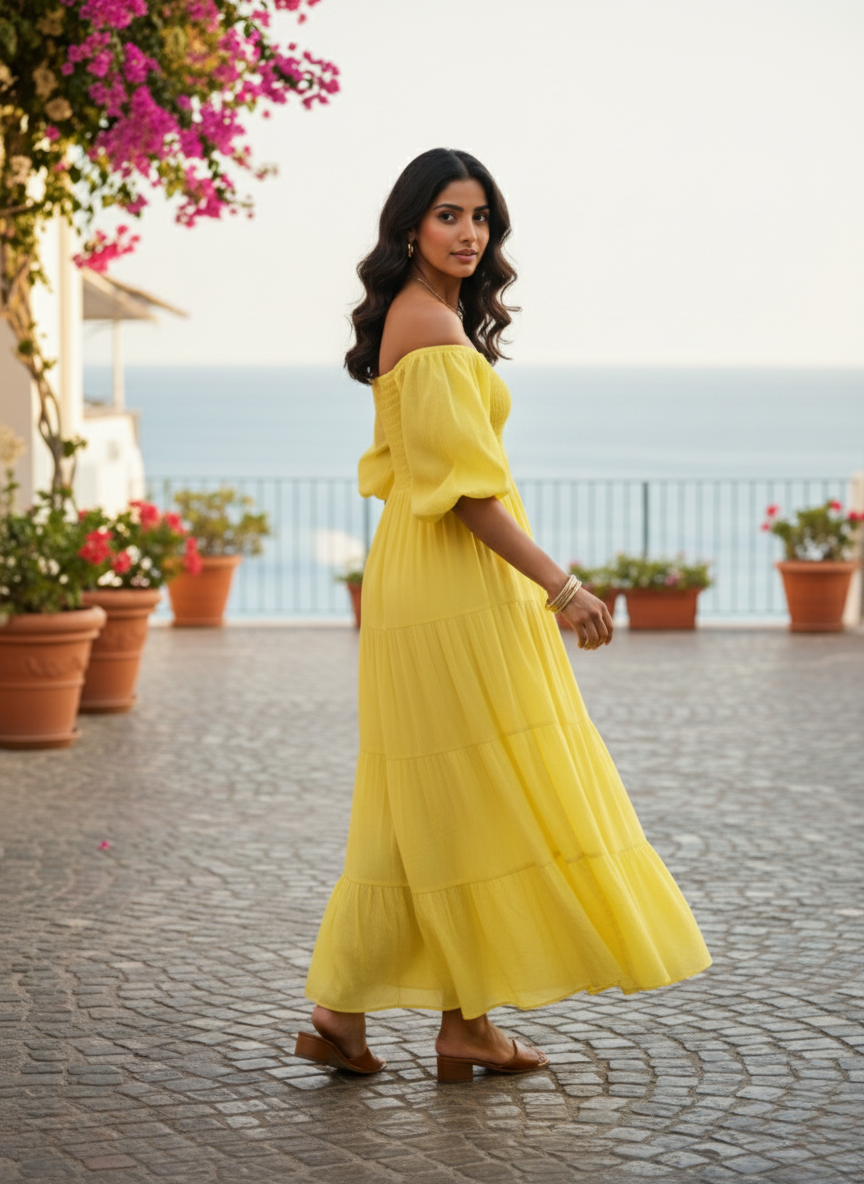 Side view of Sunshine Yellow Off-Shoulder Tiered Maxi Dress. Model looking towards camera, showcasing off-shoulder neckline, puff sleeves, and flowing tiered skirt. Chic summer fashion.