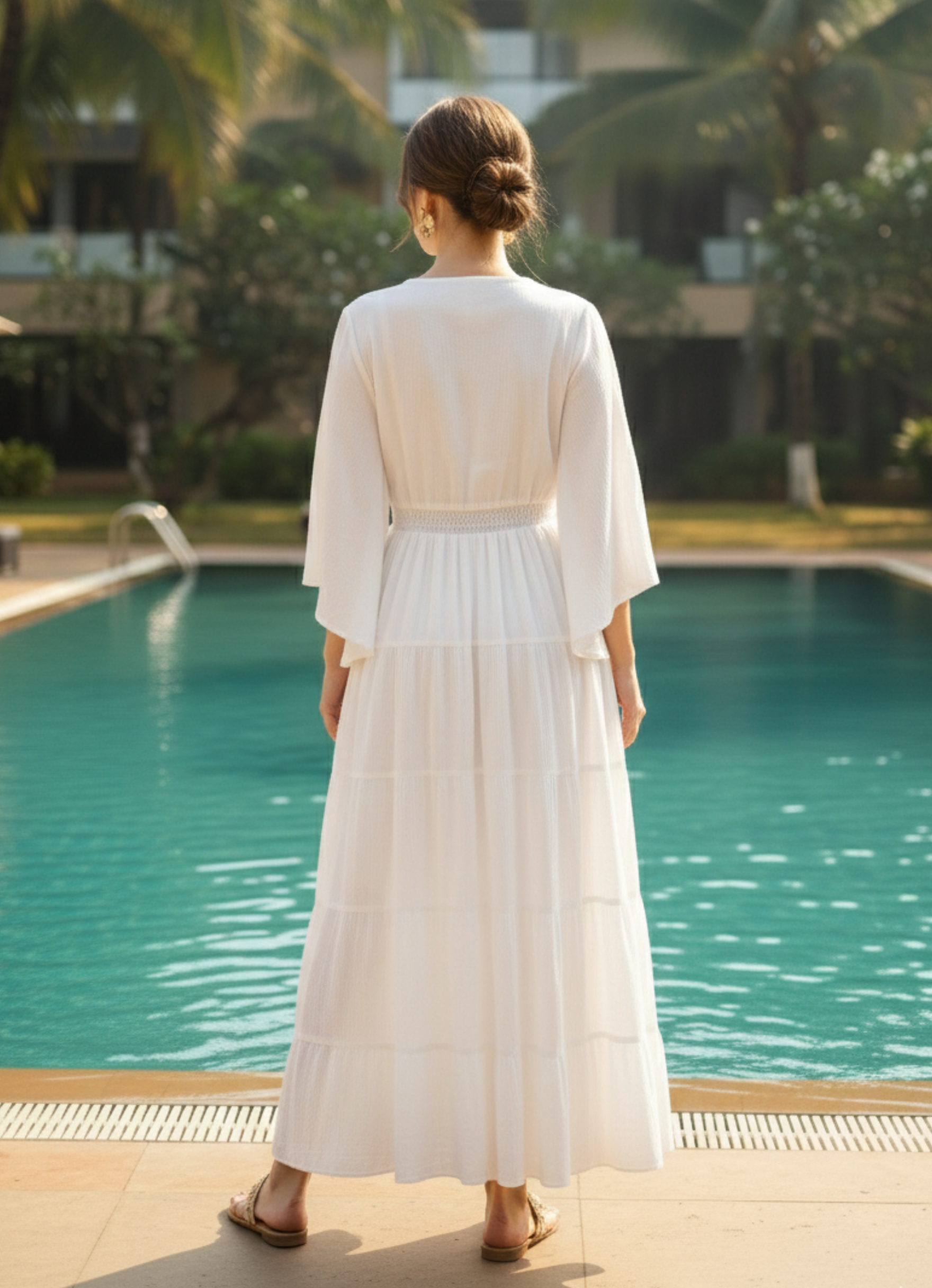 Ethereal White Pure Cotton Maxi Dress | Kimono Sleeve V-Neck Tiered Boho Gown