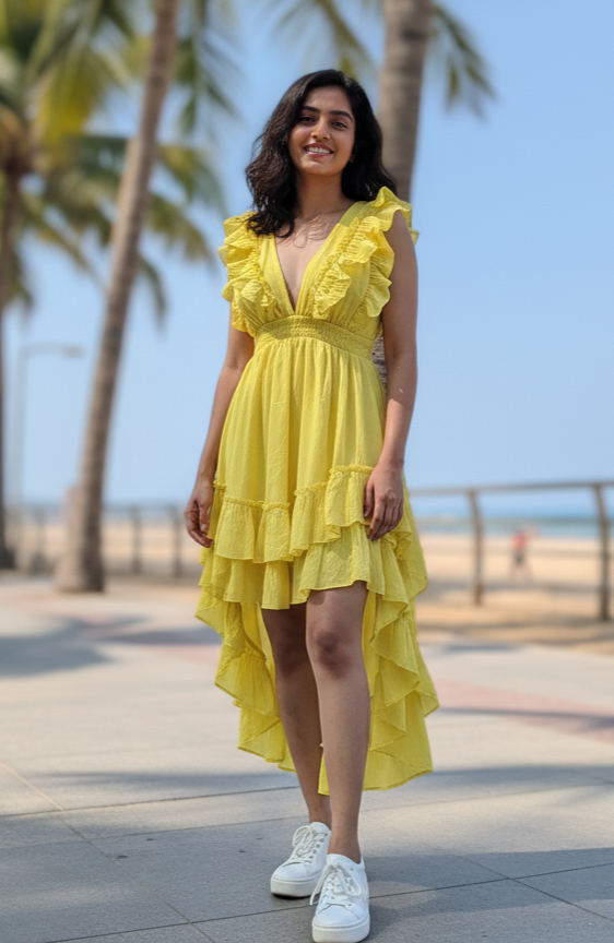 Woman smiling in marigold glow yellow high-low dress, full front view on boardwalk