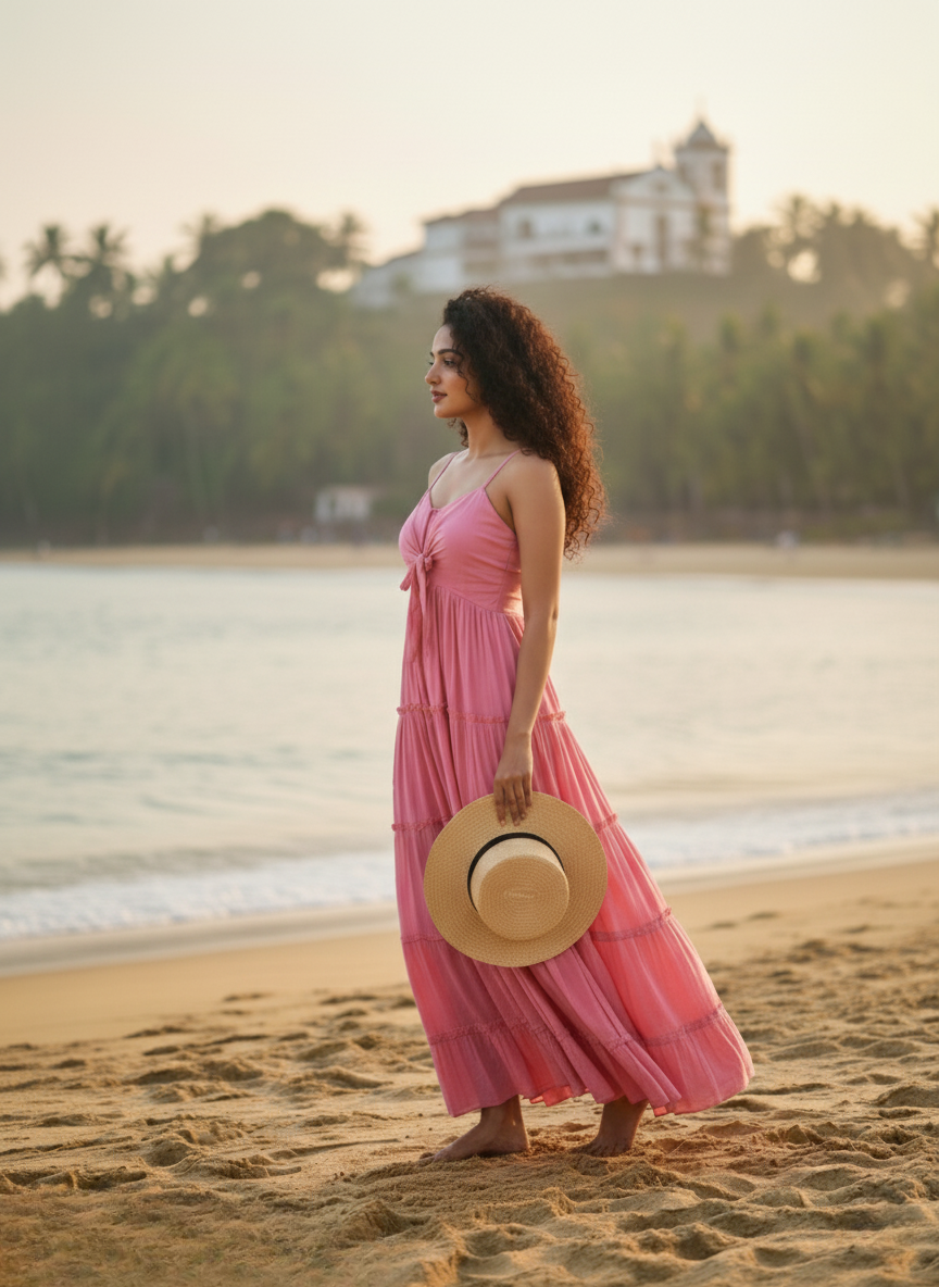 Pink maxi dress back view, showing the effortless drape and fit. Model looks over her shoulder, styled for a relaxed beach vacation look against the ocean.