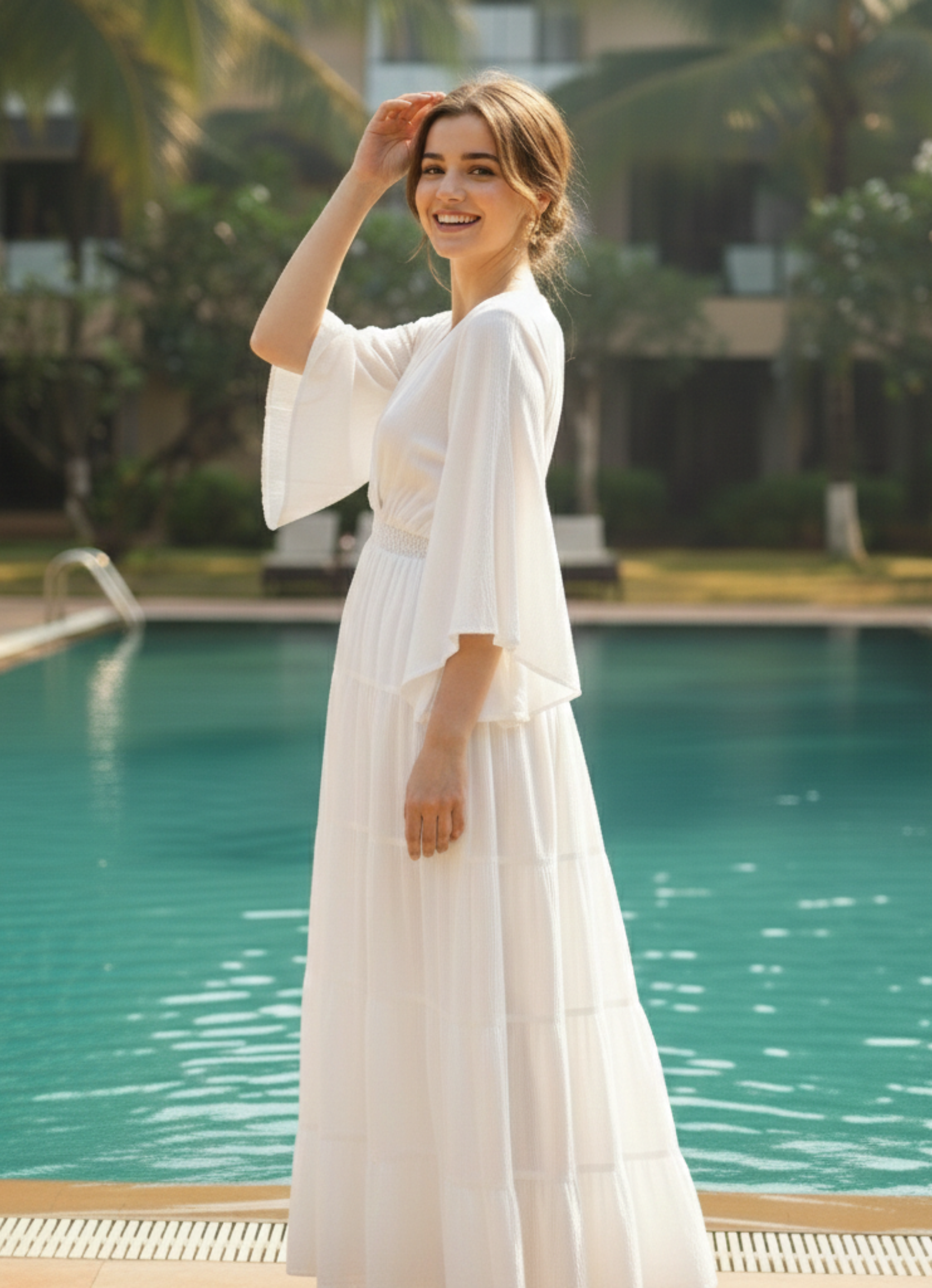 Ethereal White Pure Cotton Maxi Dress | Kimono Sleeve V-Neck Tiered Boho Gown
