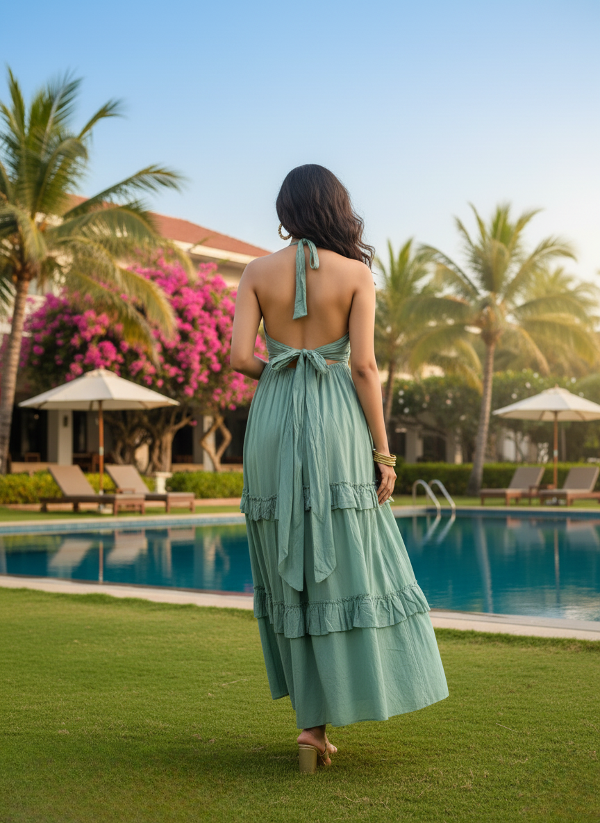 Elegant back view of a woman in a seafoam green tiered maxi dress, highlighting the halter neck tie-bow and open back design against a tropical poolside backdrop.