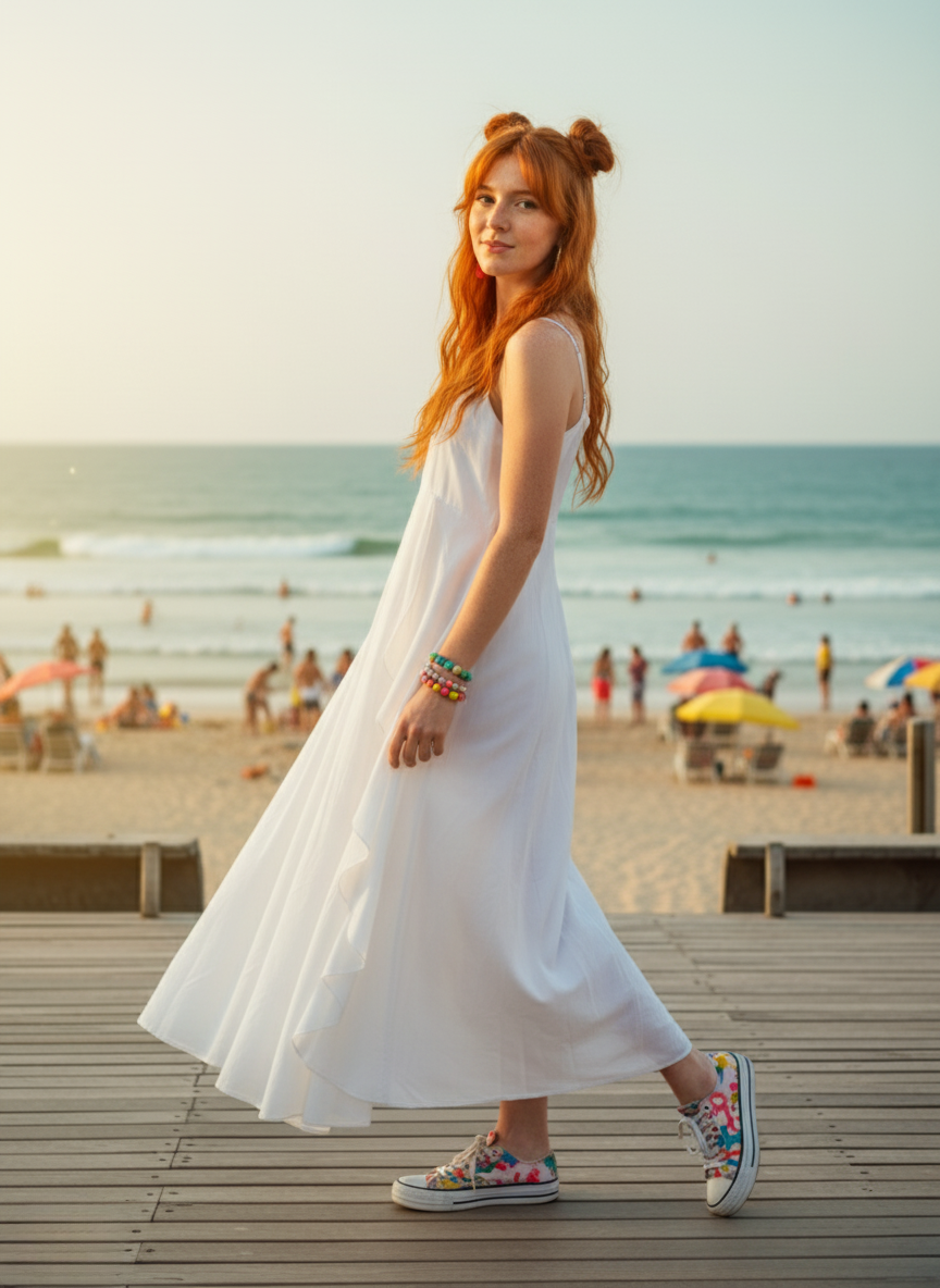 Close-up of model smiling in a white cami maxi dress. Focus on face, hair buns, and colorful earrings, with the beach visible in soft focus behind.