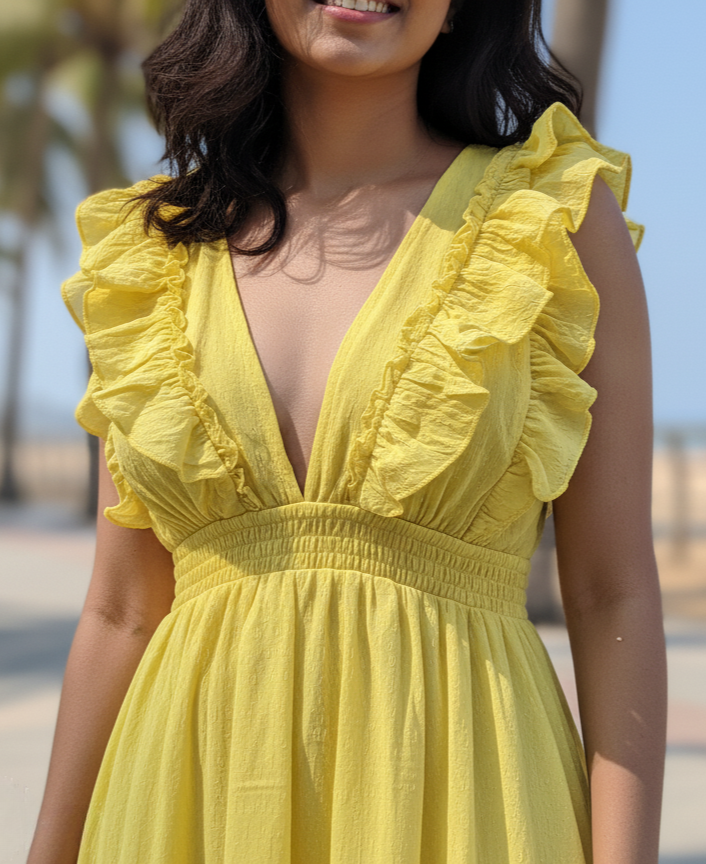 Close-up of woman in marigold glow yellow high-low dress, showing V-neck, ruffled sleeves, and shirred bodice
