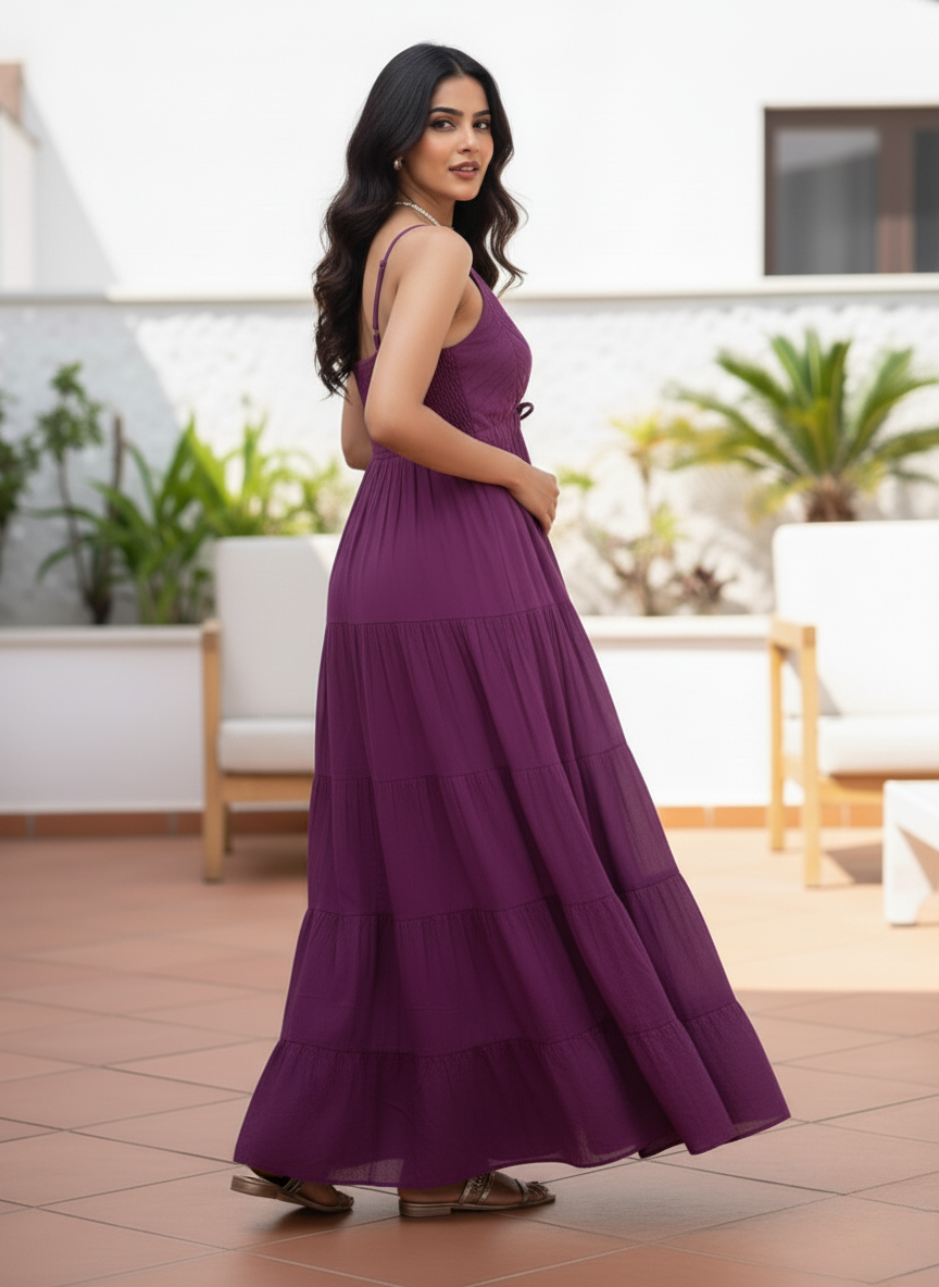 Woman in amethyst tiered maxi dress, side profile with flowing skirt