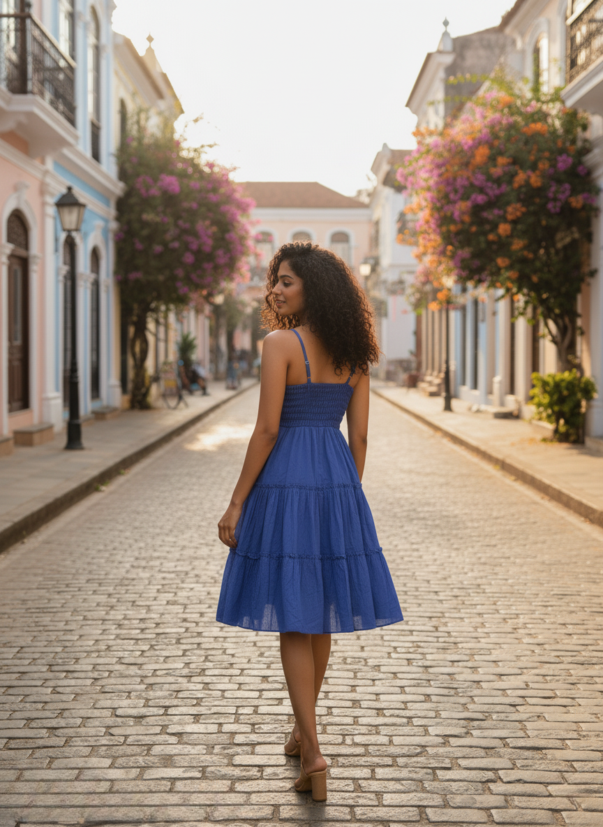 Woman in cobalt blue tiered mini dress, walking away on cobblestone street, looking back
