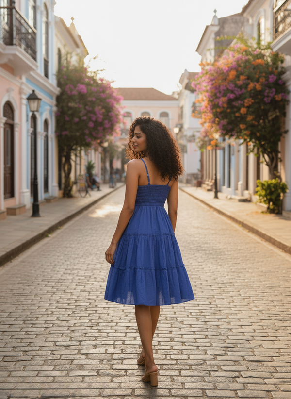 Woman in cobalt blue tiered mini dress, walking away on cobblestone street, looking back