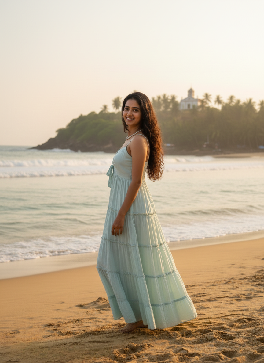 Casual Mint Green sundress side view, highlighting the tiered skirt and breathable cotton fabric. Model looks casually towards the camera against the tropical Goan backdrop.