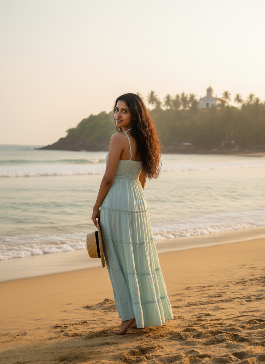 Back view of the long Mint Green summer dress, showing the easy, relaxed fit. Model glances over her shoulder, capturing a beach lifestyle look with palm trees.