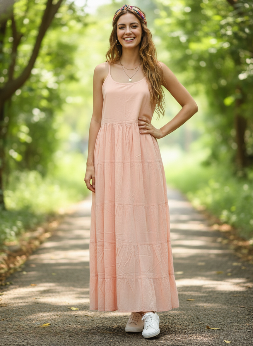 Woman in desert bloom peach tiered maxi dress, full front view, smiling on pathway