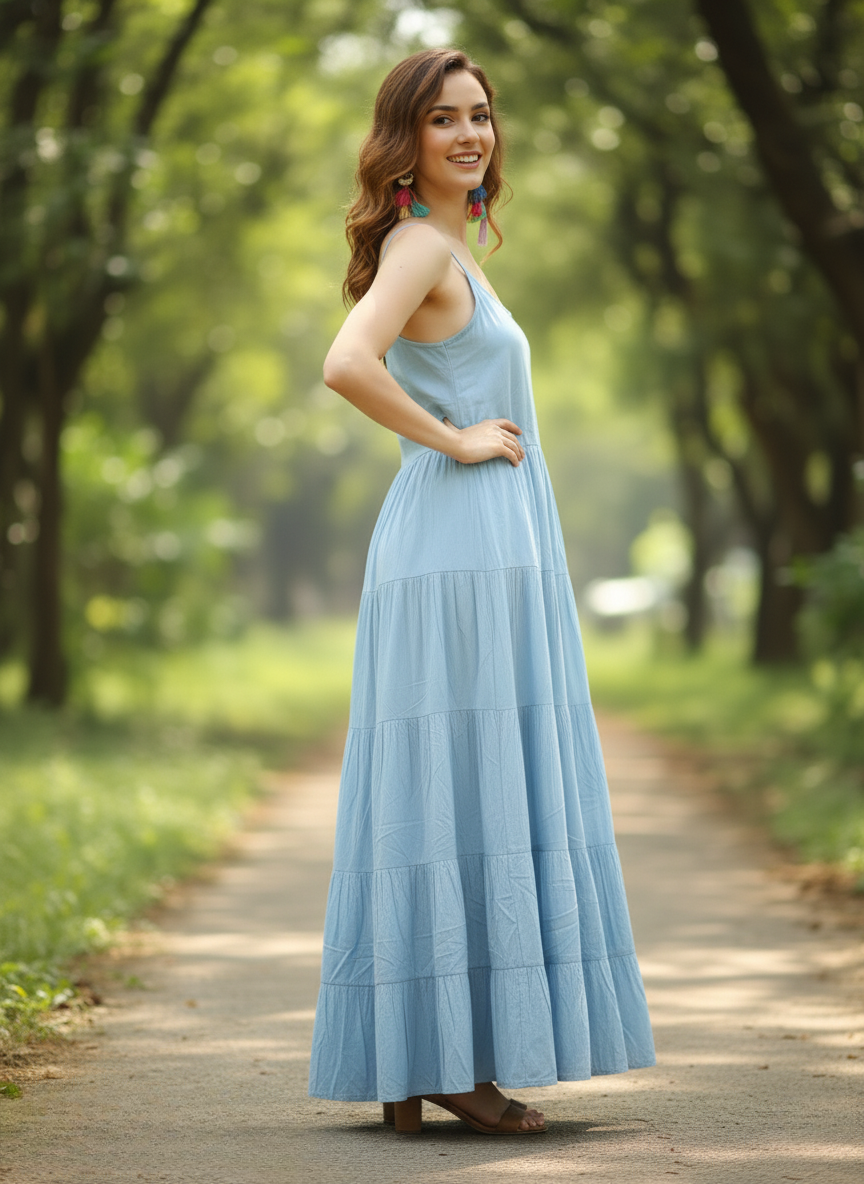 Woman in sky serenity light blue tiered maxi dress, side profile with hand on hip, smiling on pathway