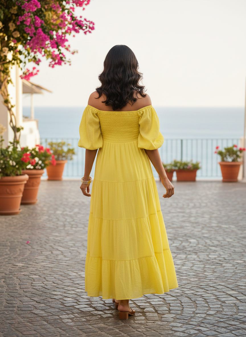 Back view of Sunshine Yellow Off-Shoulder Tiered Maxi Dress. Model walking away, showcasing the shirred back and flowing tiered skirt. Perfect for warm-weather elegance.