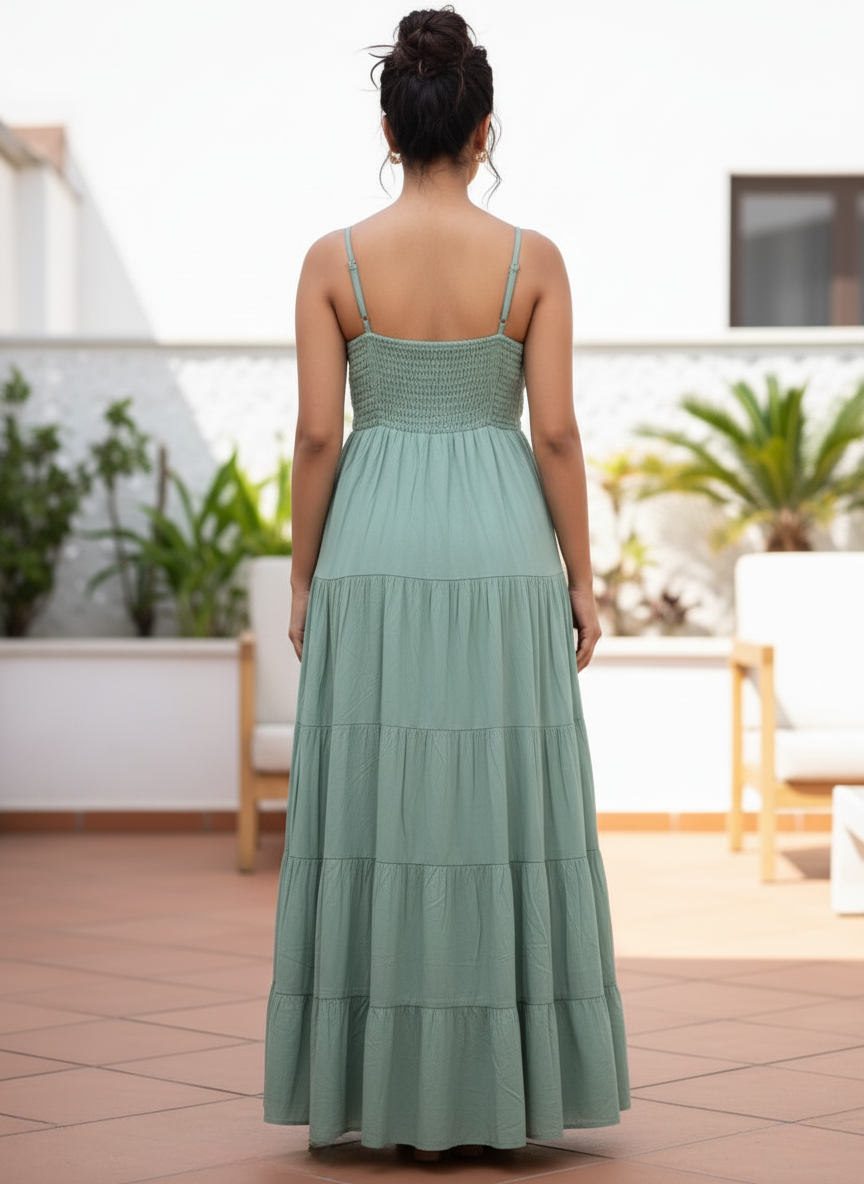 Back view of woman in sage green tiered maxi dress, showing smocked back detail