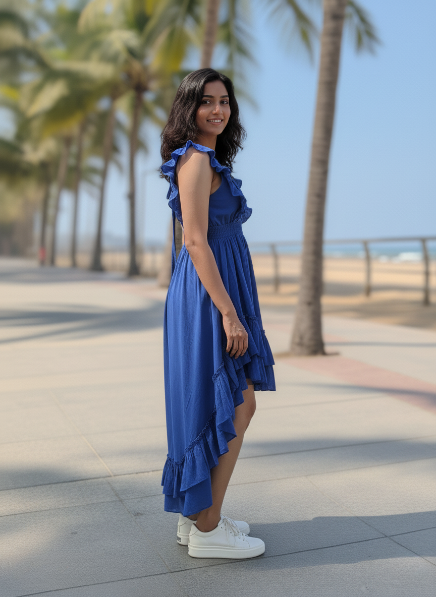 Woman in ocean azure dark blue high-low dress, side profile on boardwalk
