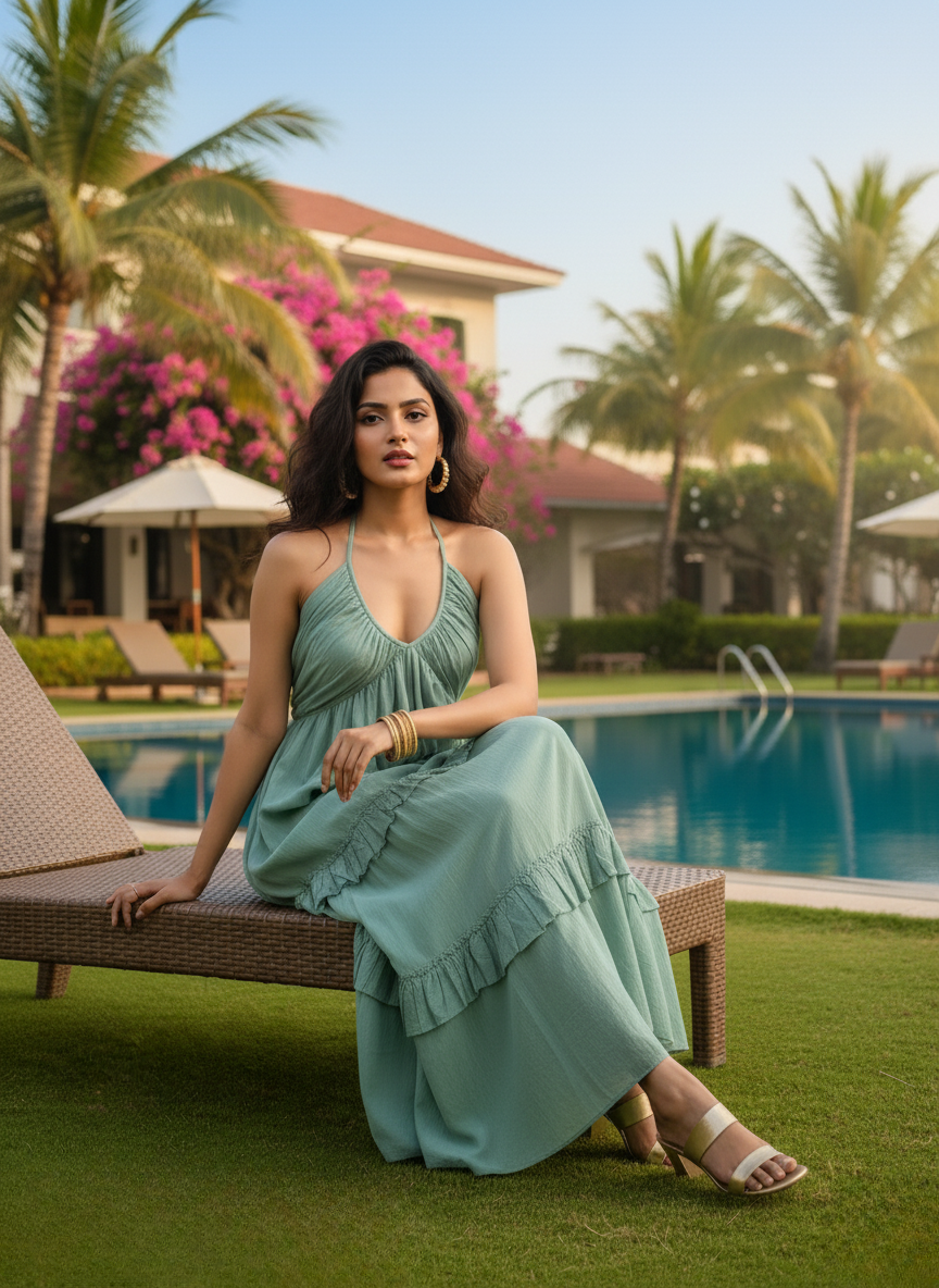 Beautiful woman in a serene seafoam green halter neck tiered maxi dress, sitting elegantly by a tropical resort pool with palm trees, ideal for summer vacations and beach events.