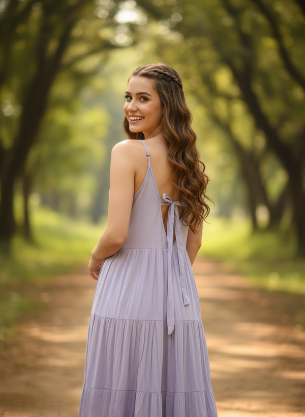 Close-up of woman in whispering willow lavender tiered maxi dress, smiling back on pathway