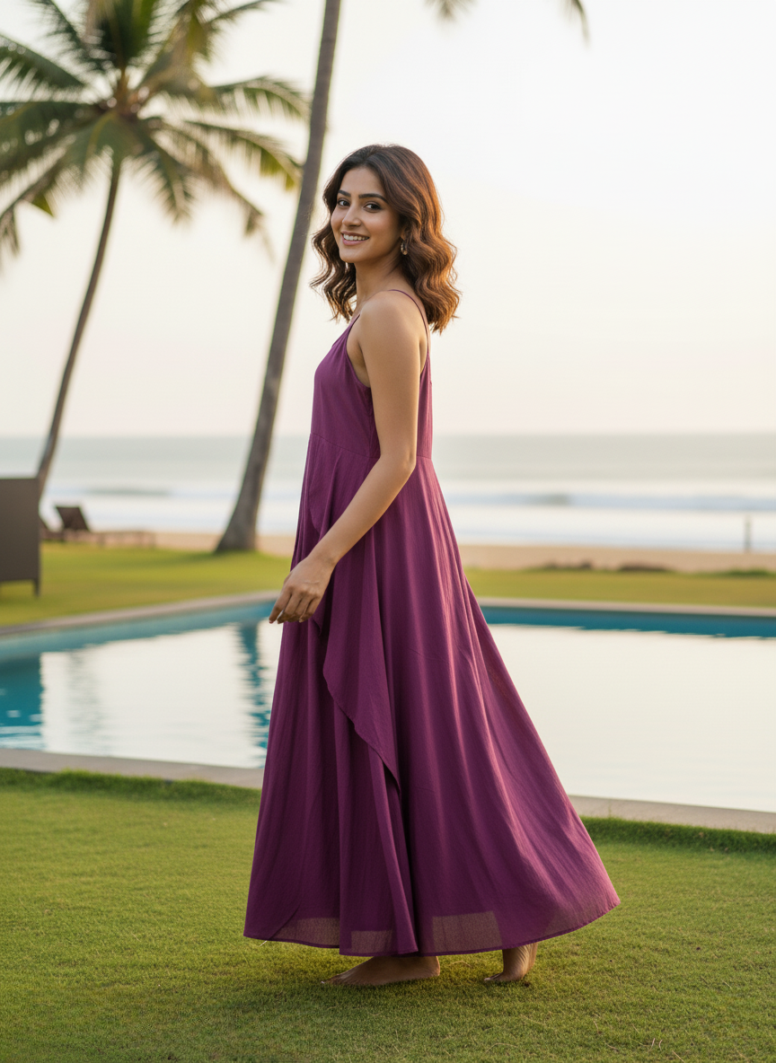 Side view of the Plum Purple Maxi Dress showing the full length, subtle layered skirt, and flowy silhouette against a sunset beach background.