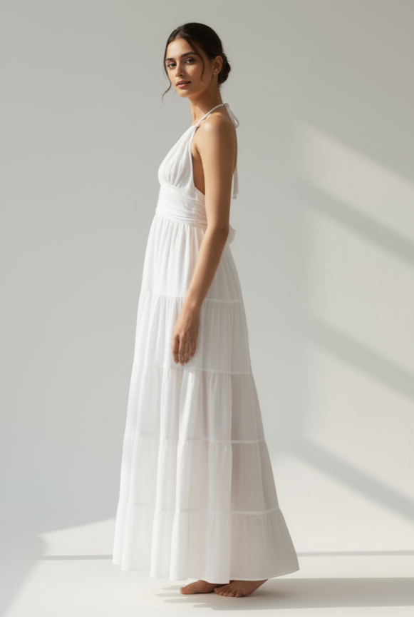 Woman in cloud nine white halter tiered maxi dress, side profile