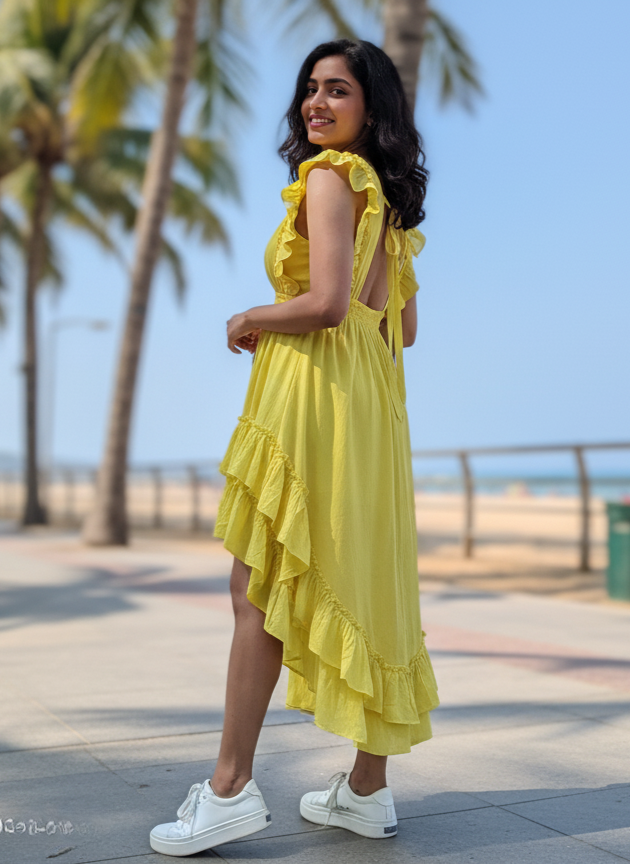 Woman in marigold glow yellow high-low dress, side profile on boardwalk