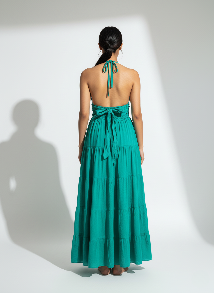 Woman in emerald tide teal halter tiered maxi dress, full back view