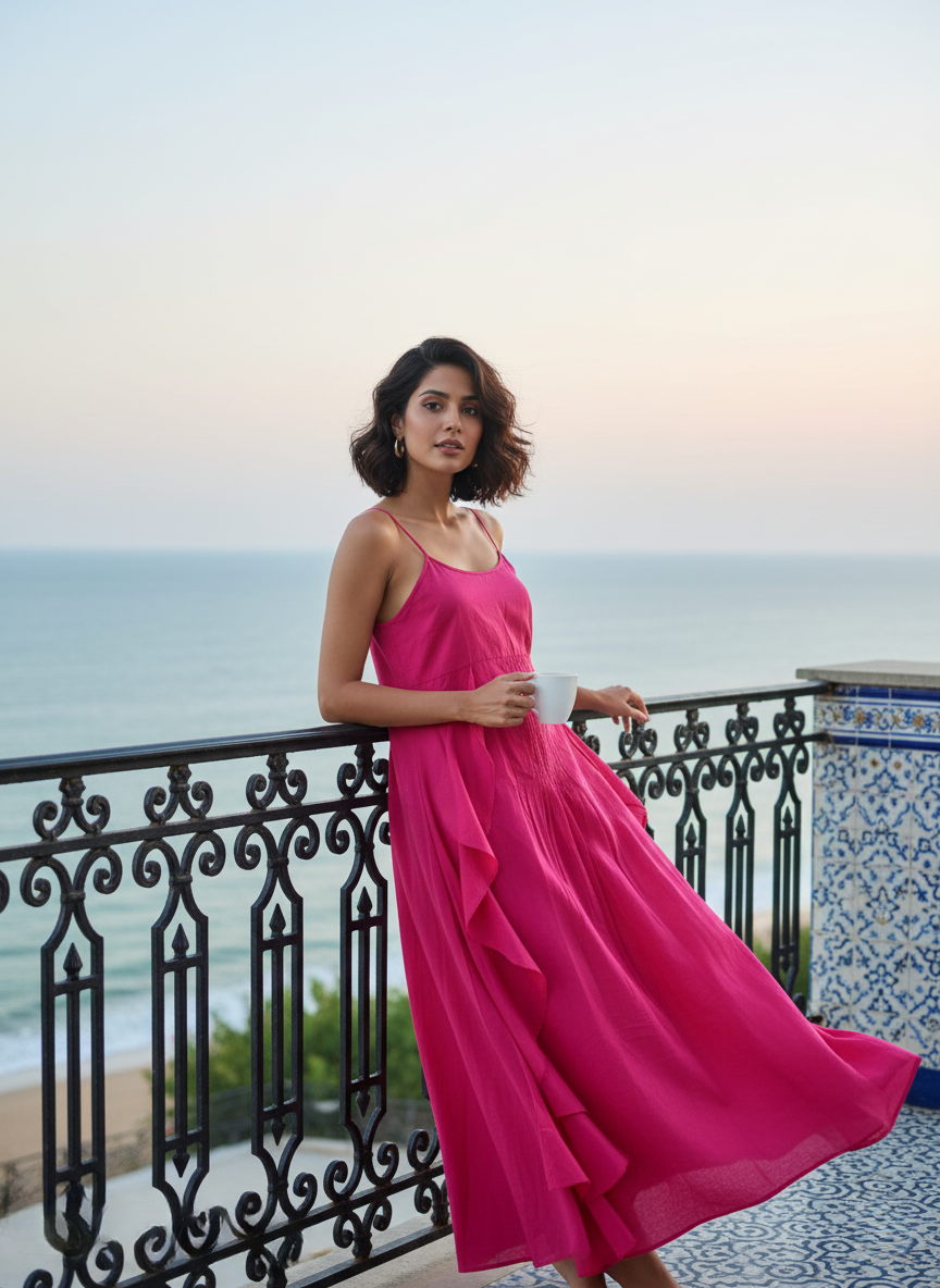 Full front pose of model wearing the fuchsia camisole maxi dress on a balcony overlooking the ocean. Emphasizes the elegant drape of the tiered and ruffled skirt.