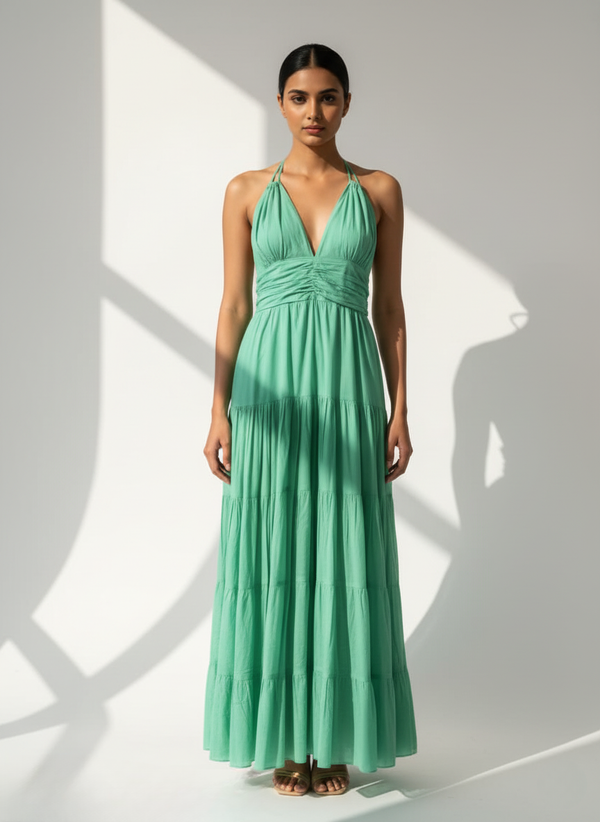 Woman in aqua whisper mint halter tiered maxi dress, full front view