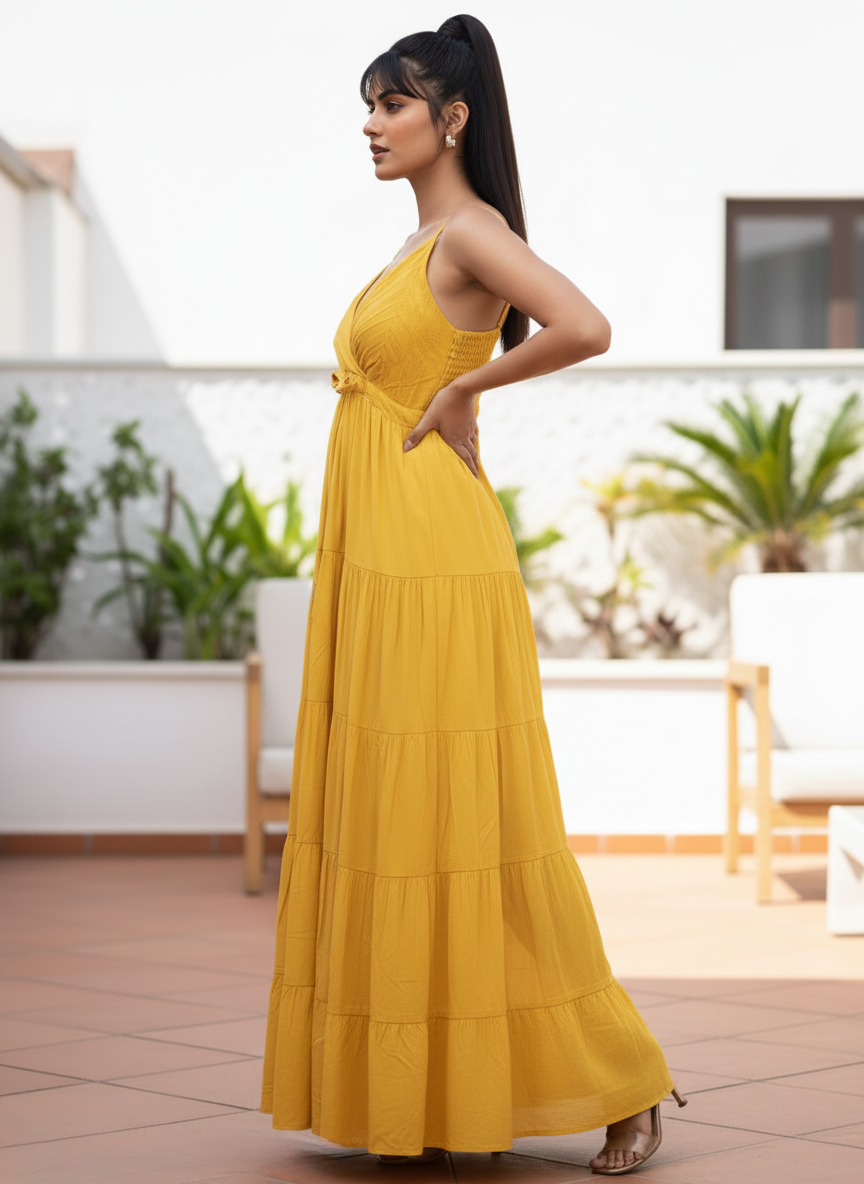 Woman in marigold yellow tiered maxi dress, side profile showing flowing skirt