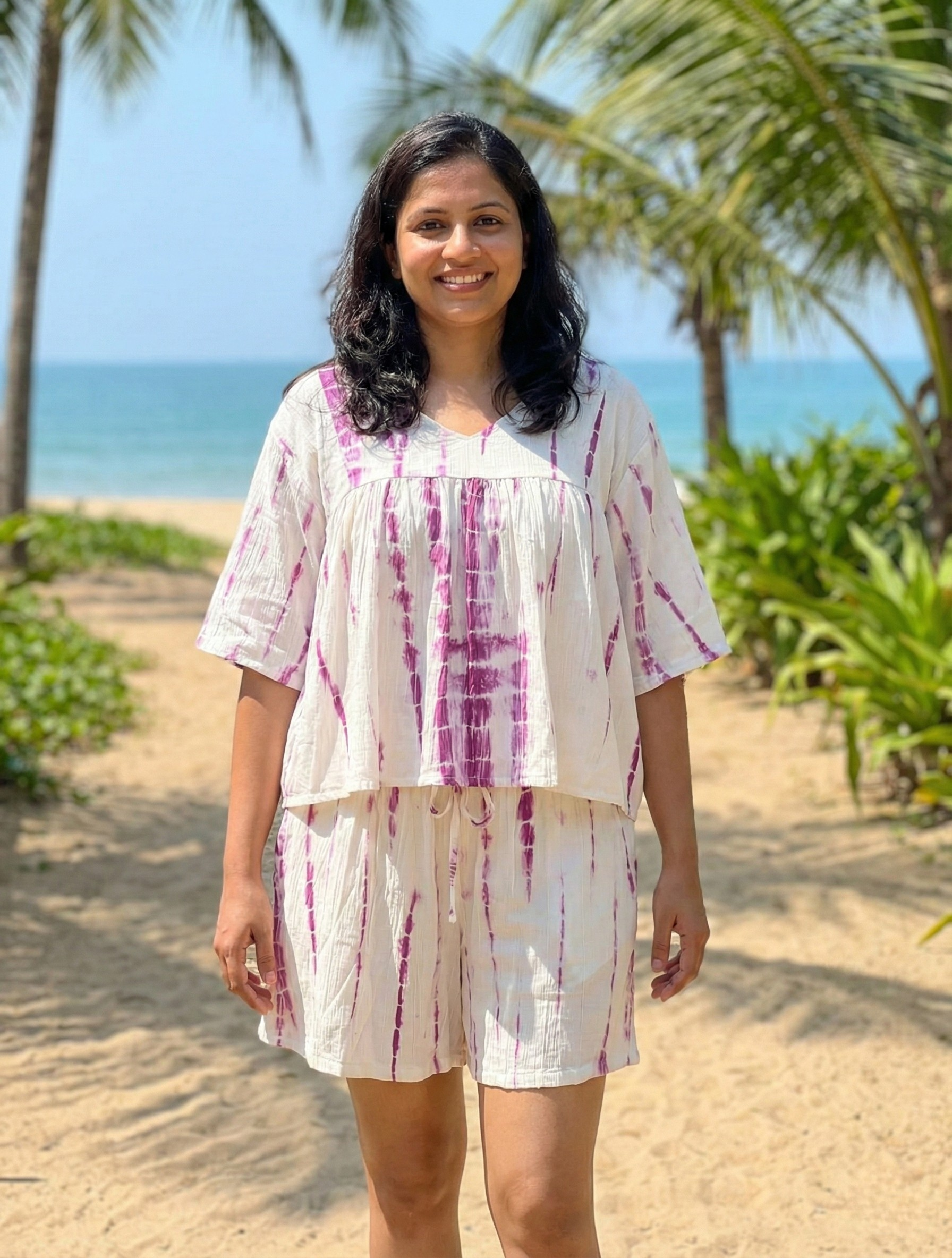 White & Purple Tie-Dye Cotton Co-ord Set | Boho V-Neck Top & Shorts Beachwear