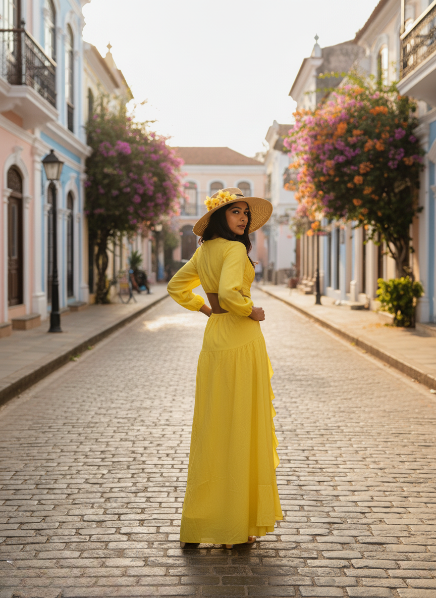 Back view of a woman in a yellow long sleeve boho maxi dress showing the waist cutouts and flowy skirt while looking over her shoulder.