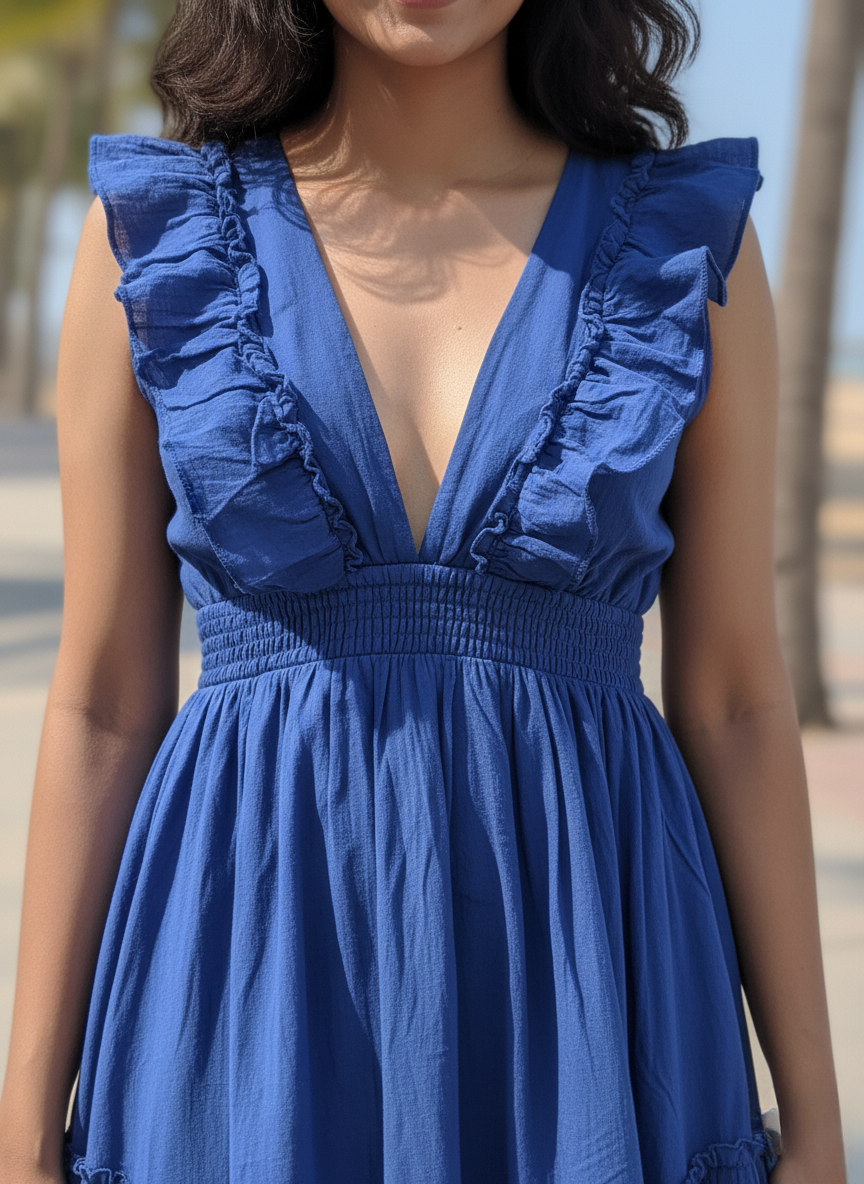 Close-up of woman in ocean azure dark blue high-low dress, showing V-neck, ruffled sleeves, and shirred bodice