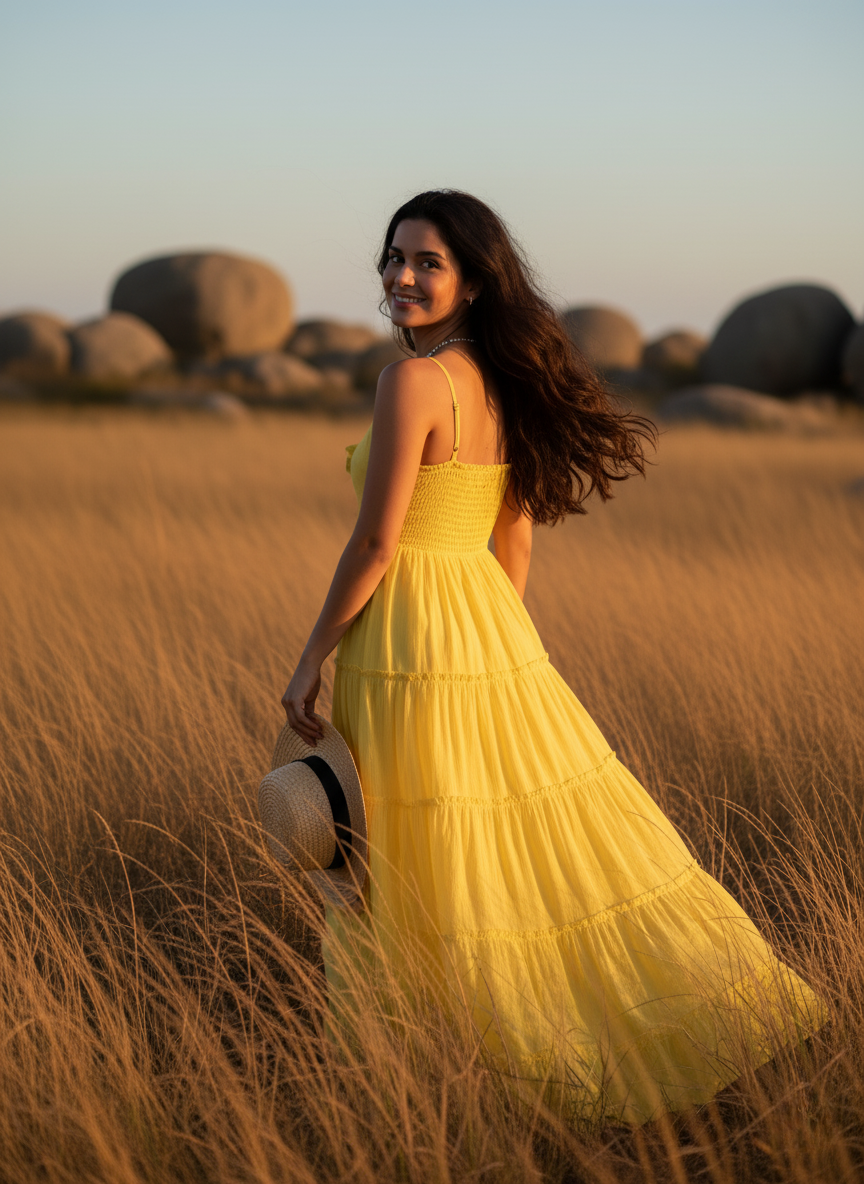 Back view of the sunny Yellow tiered dress, showing the easy, flowy fit. Model looks over her shoulder. Setting captures dry Spanish hills and natural stone elements.
